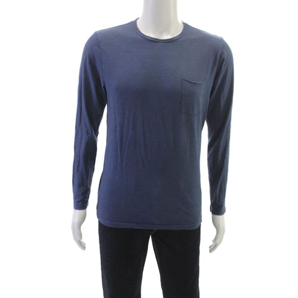 Velvet Mens T-Shirt Blue 100% Cotton Crew Neck Long Sleeve Solid Size S